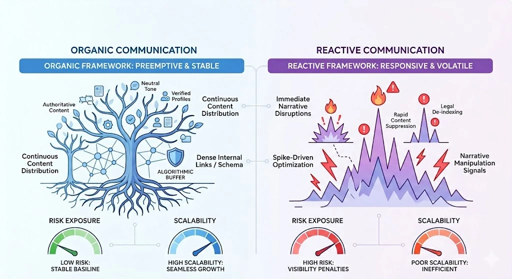 How Do Organic and Reactive Communication Frameworks Compare in Risk Exposure and Scalability