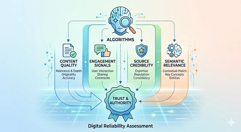 How do algorithms evaluate trust and authority in political content