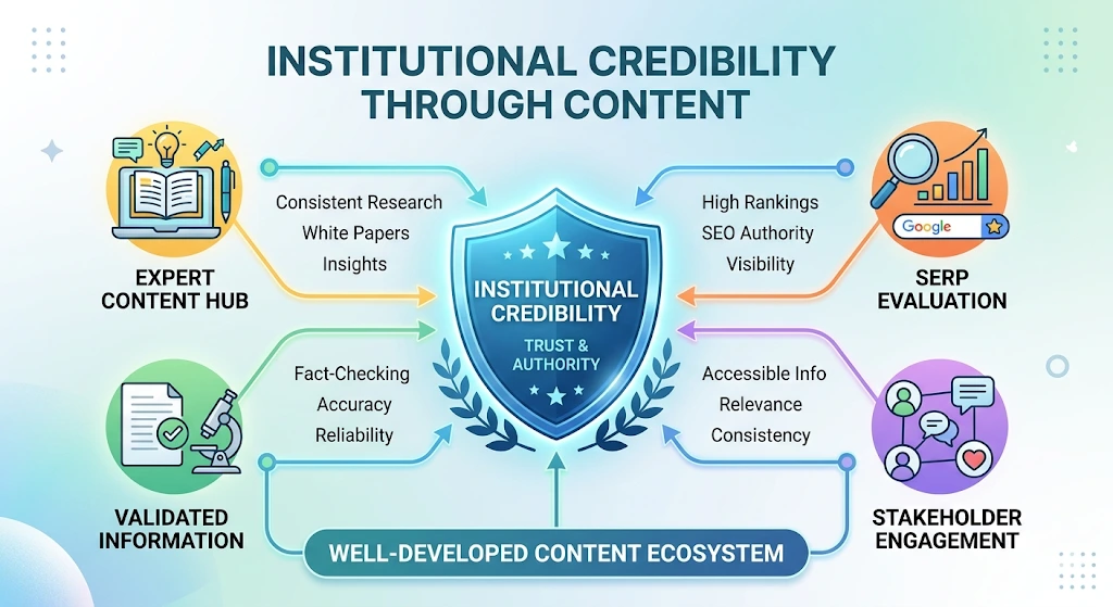 How do content ecosystems contribute to institutional credibility