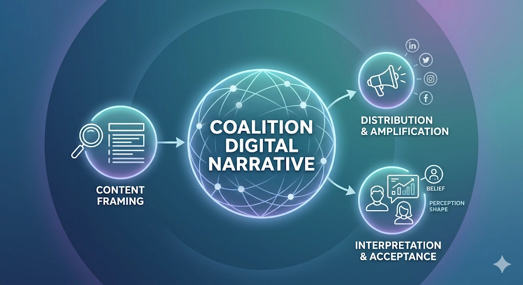 How do digital narratives within coalitions shape public perception systems