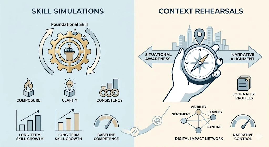 How do media training simulations compare with real-time briefing rehearsals