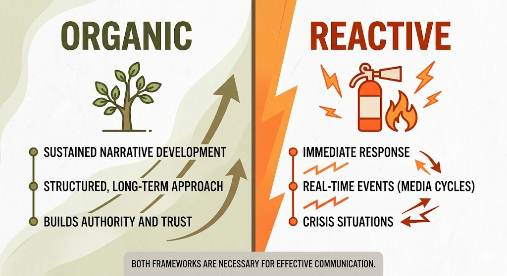 How do organic and reactive communication frameworks differ in digital advocacy effectiveness