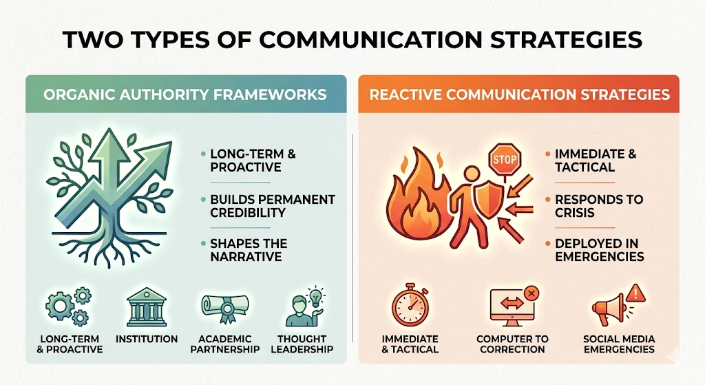 How do organic authority frameworks compare to reactive communication strategies