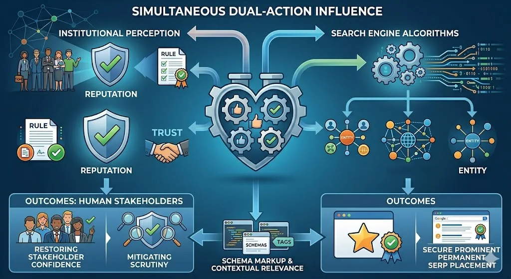 How do professional public affairs services influence institutional perception and search engine algorithms simultaneously