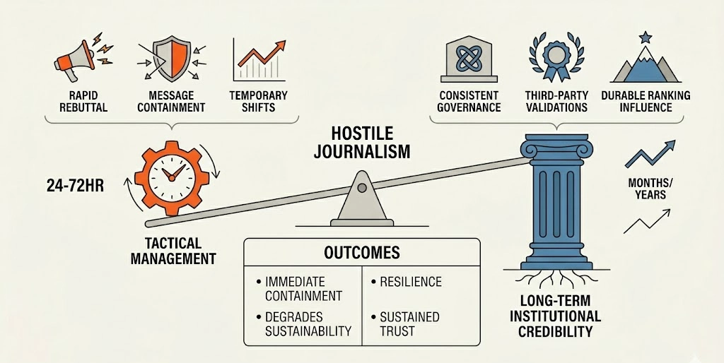 How do short-term narrative management and long-term institutional credibility strategies interact when journalists act hostile