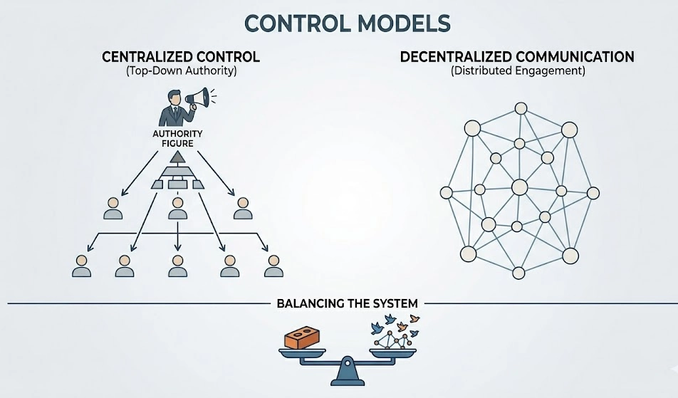 How does centralised message control compare with decentralised communication models