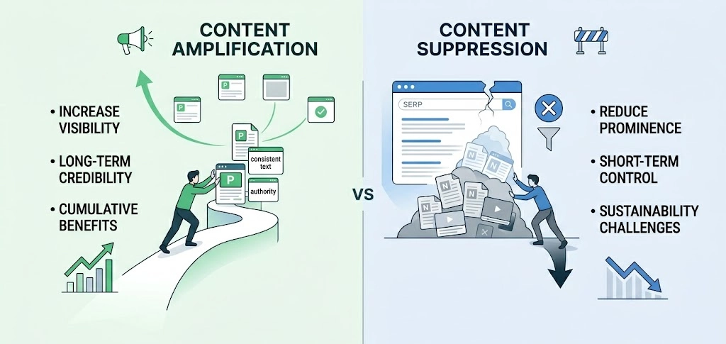 How does content amplification compare with content suppression in managing narrative control