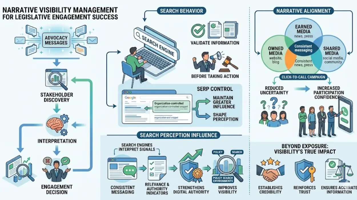 How does narrative visibility management influence legislative engagement success