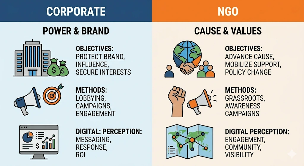 How does public affairs consulting differ across corporates and NGOs in digital perception systems
