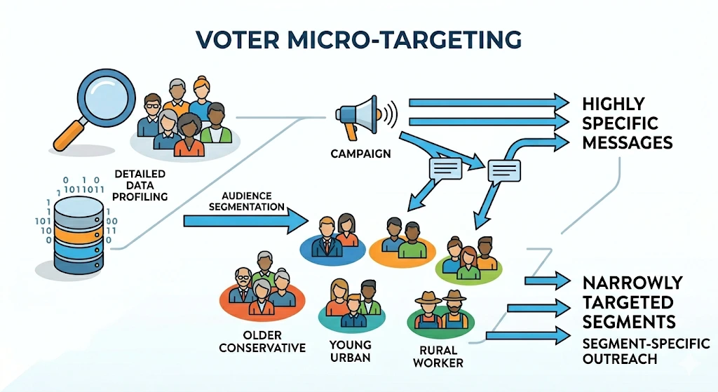 How does voter micro-targeting influence narrative control and trust signals