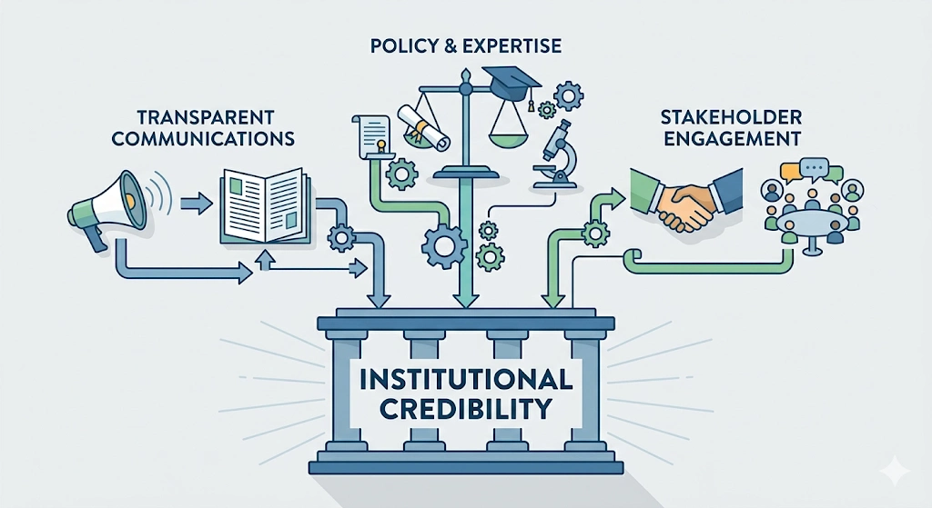 How is institutional credibility constructed in public affairs content
