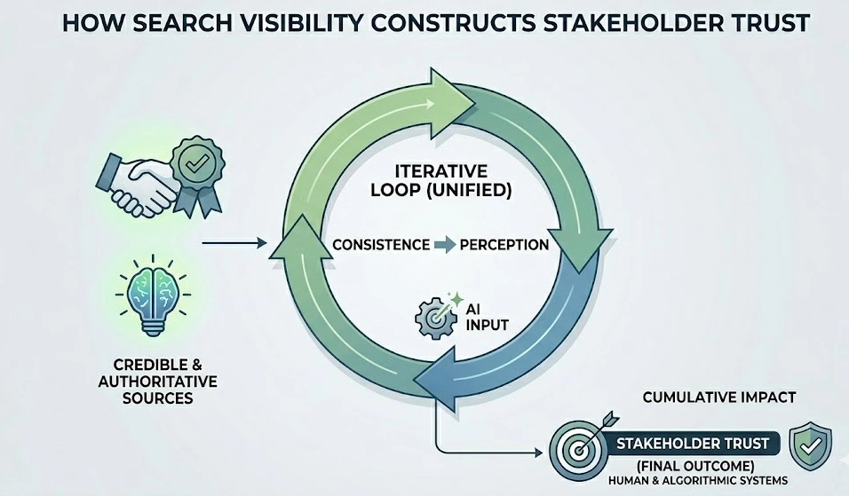 How is stakeholder trust constructed through search visibility