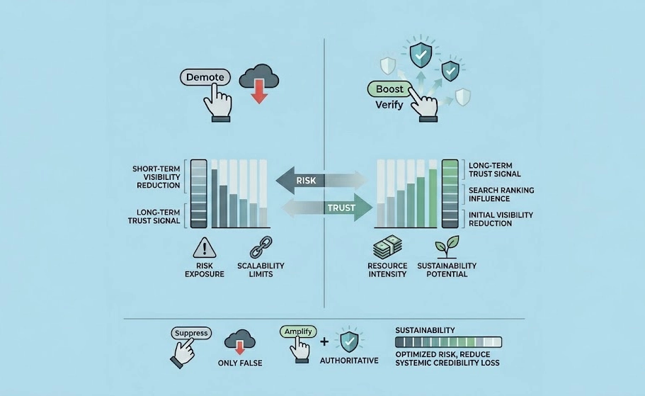 What are the sustainability, risk exposure, and scalability trade-offs between content suppression and content amplification strategies