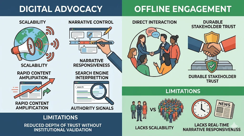 What distinguishes digital advocacy from offline stakeholder engagement in legislative influence