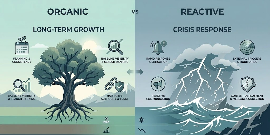 What distinguishes organic communication frameworks from reactive communication models in digital advocacy