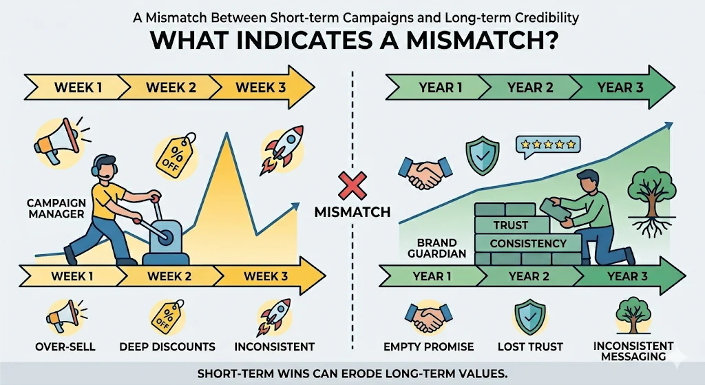 What indicates a mismatch between short-term campaigns and long-term credibility