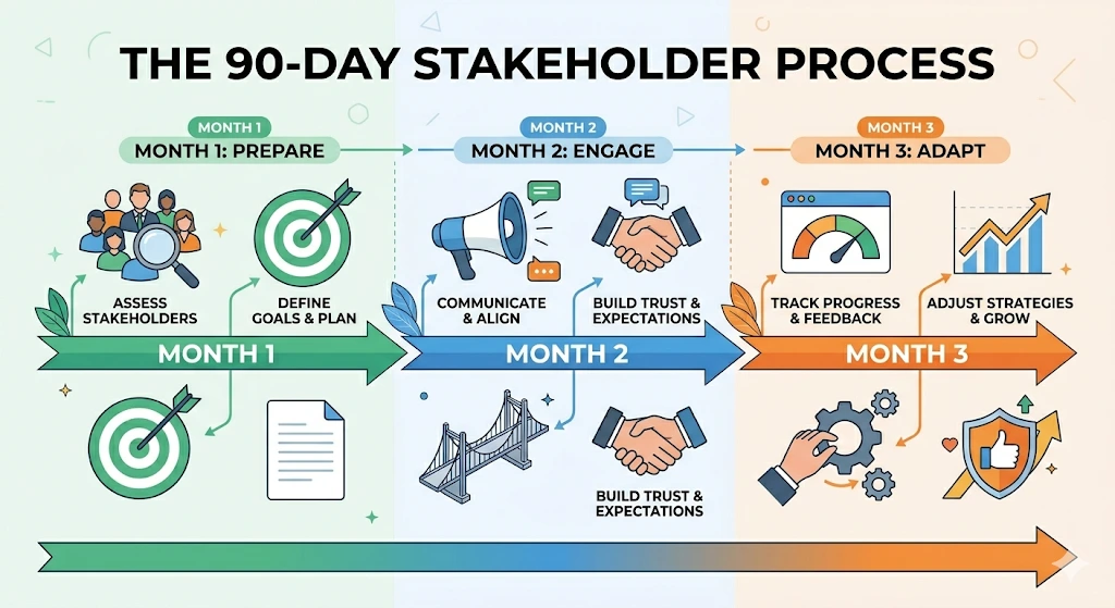 What processes ensure reliable stakeholder perception control in the first 90 days