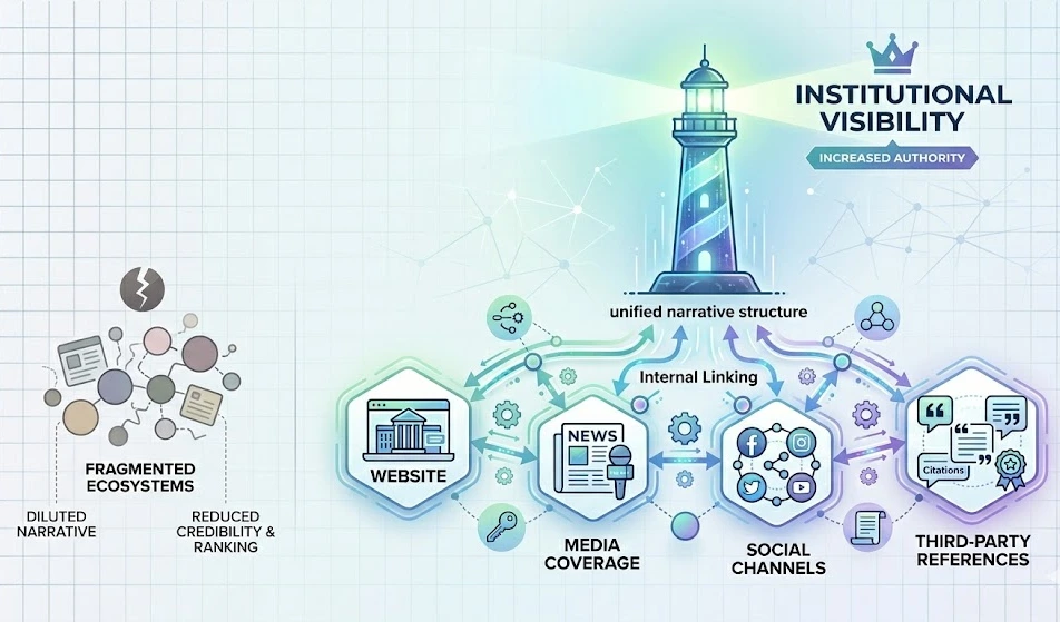 What role do content ecosystems play in shaping institutional visibility