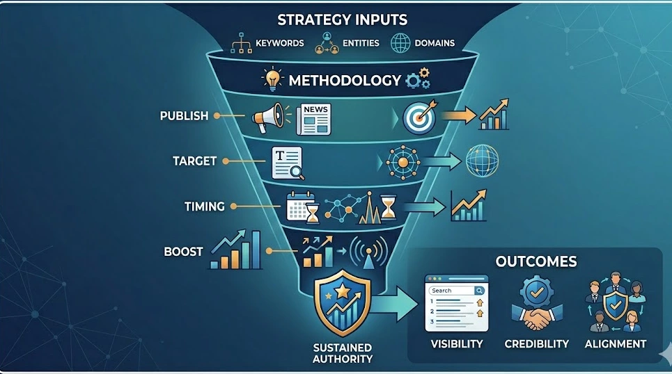 Which media relations approach ensures measurable SERP control and authority growth