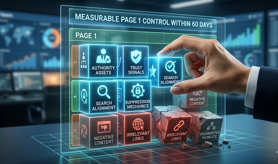 Which reputation management strategy delivers measurable Page 1 control within 60 days