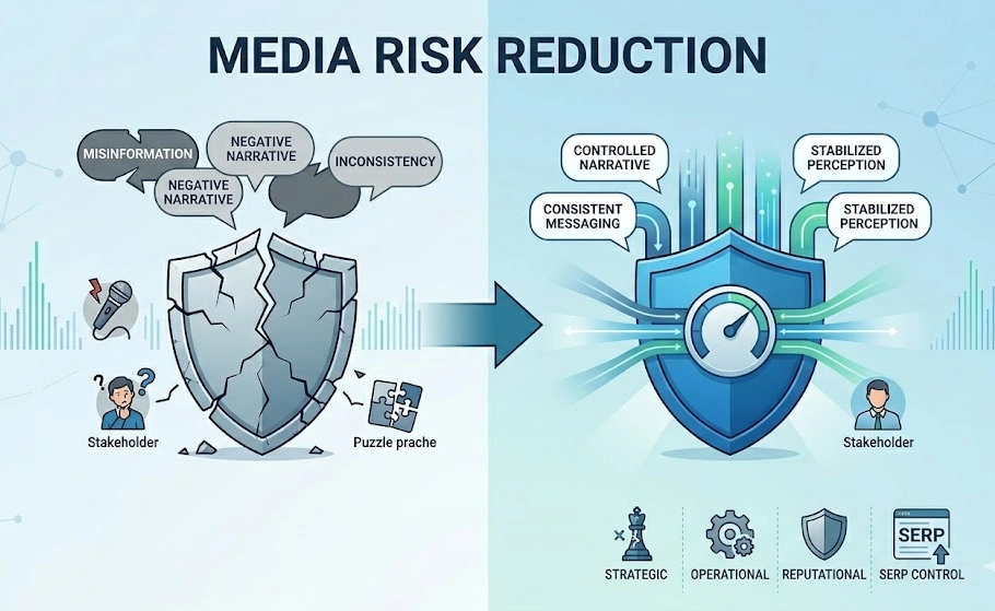 Which risks are reduced by engaging a structured media relations service