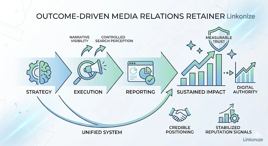 Which service structure ensures sustained narrative visibility and trust