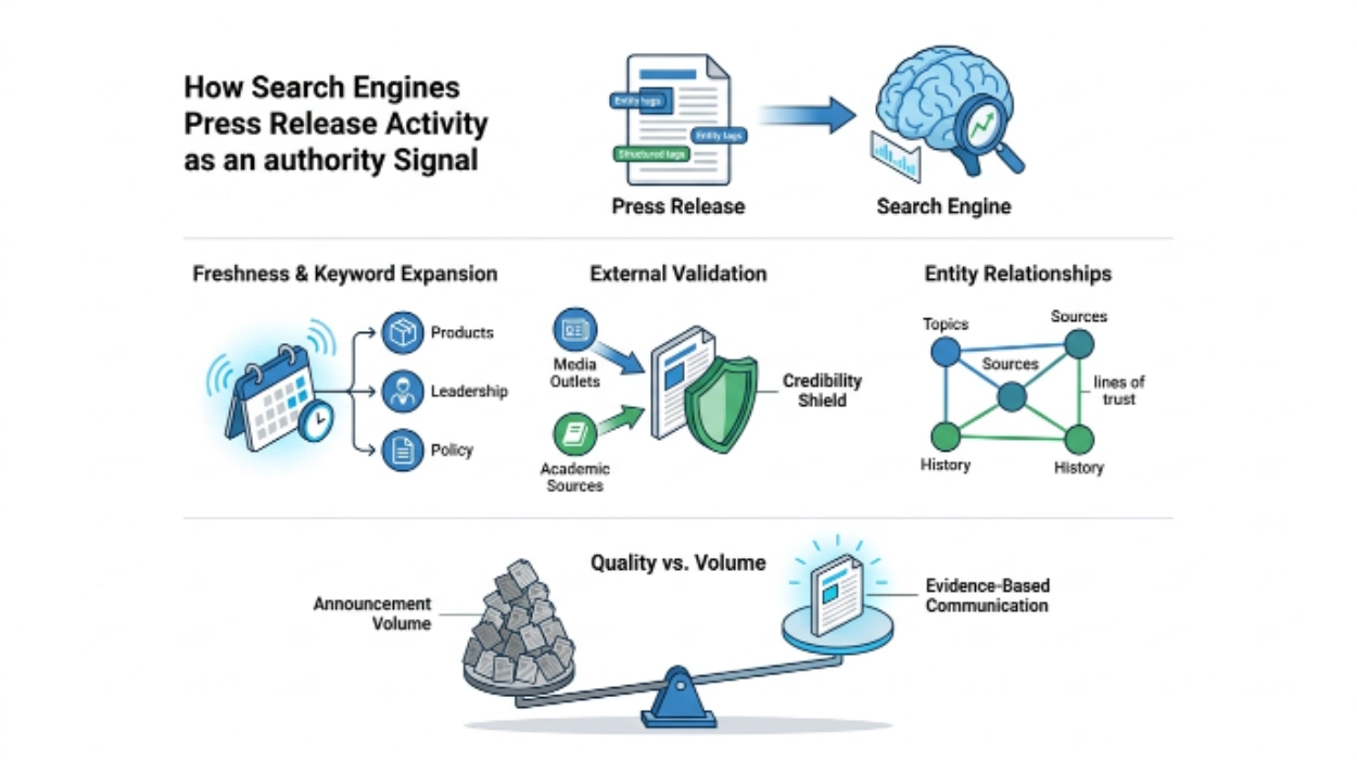 search engines interpret press release activity as an authority signal